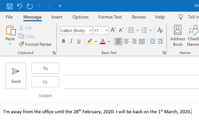 out of office message for outlook for mac